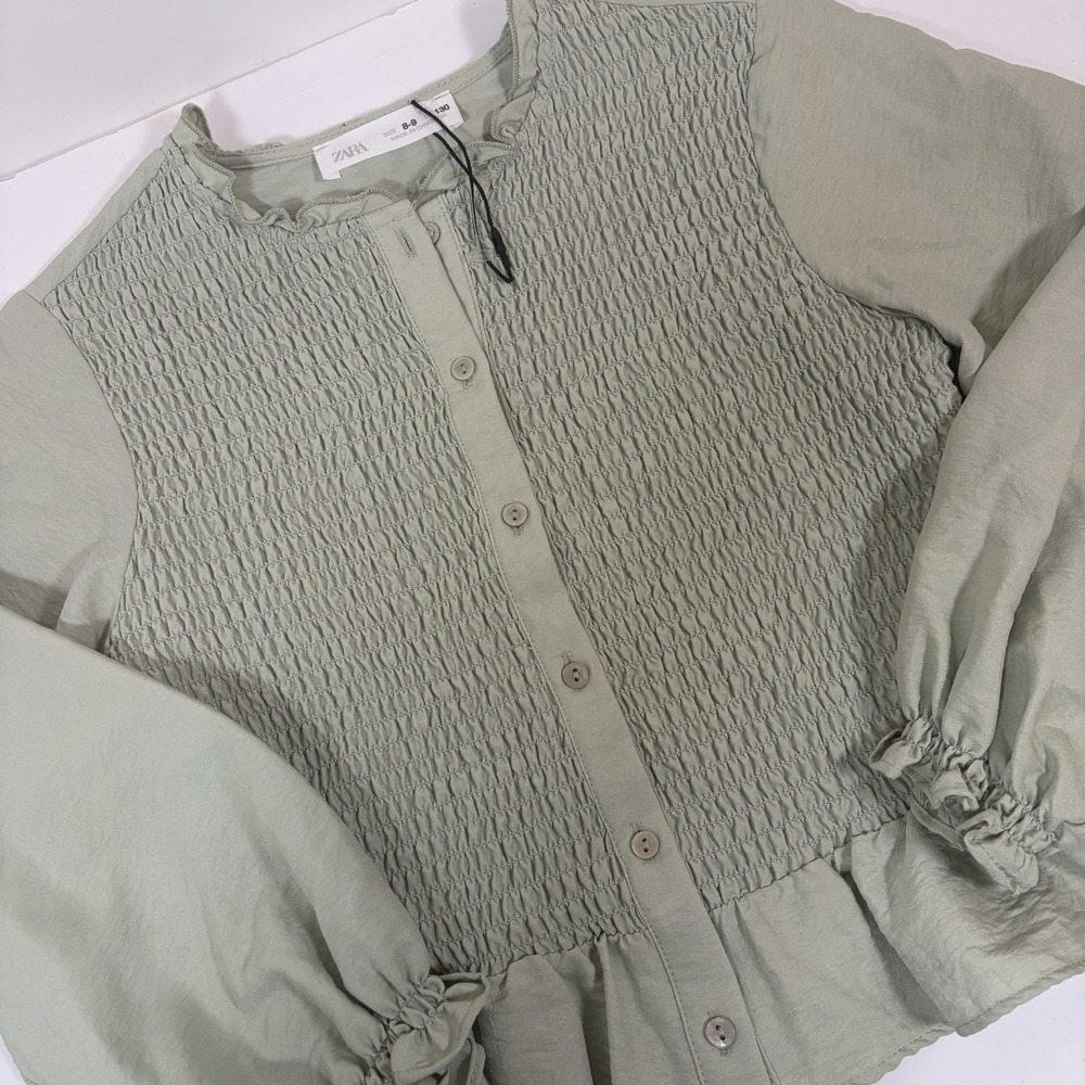 New- Zara Girls‎ 8-9 Smocked Ruffle Balloon Sleeve Long Sleeve Button Up Blouse
